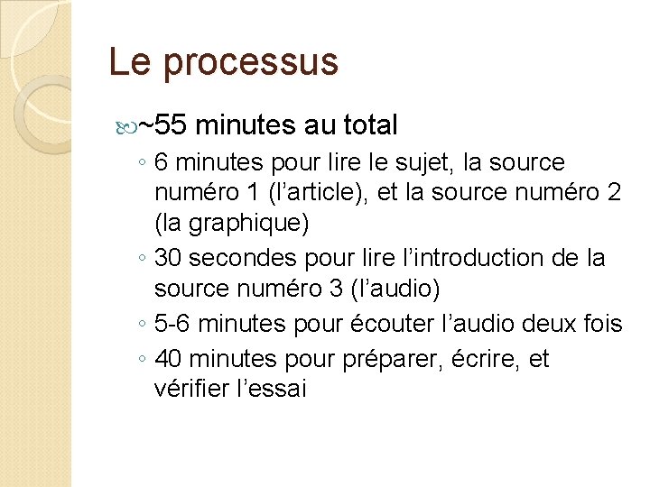 Le processus ~55 minutes au total ◦ 6 minutes pour lire le sujet, la