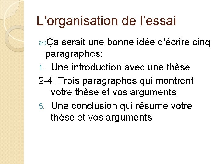 L’organisation de l’essai Ça serait une bonne idée d’écrire cinq paragraphes: 1. Une introduction