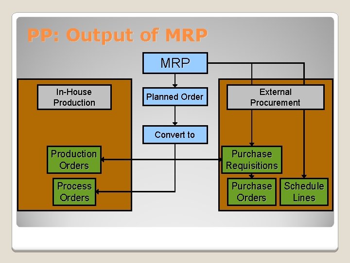 PP: Output of MRP In-House Production Planned Order External Procurement Convert to Production Orders