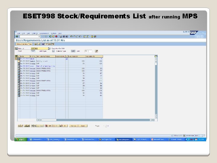 ESET 998 Stock/Requirements List after running MPS 