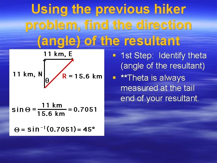 Using the previous hiker problem, find the direction (angle) of the resultant § 1