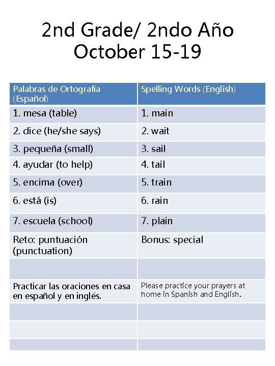 2 nd Grade/ 2 ndo Año October 15 -19 Palabras de Ortografía (Español) Spelling