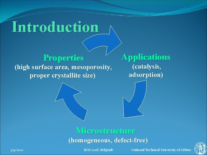 Introduction Properties (high surface area, mesoporosity, proper crystallite size) Applications (catalysis, adsorption) Microstructure (homogeneous,