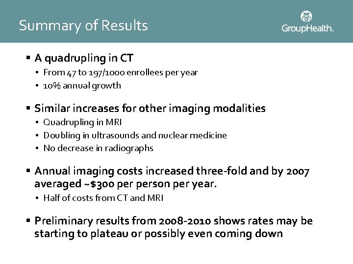 Summary of Results § A quadrupling in CT • From 47 to 197/1000 enrollees