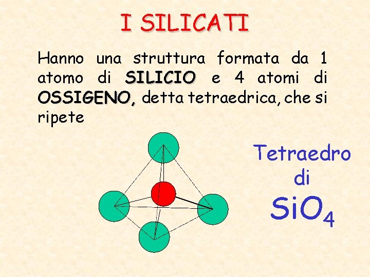 I SILICATI Hanno una struttura formata da 1 atomo di SILICIO e 4 atomi