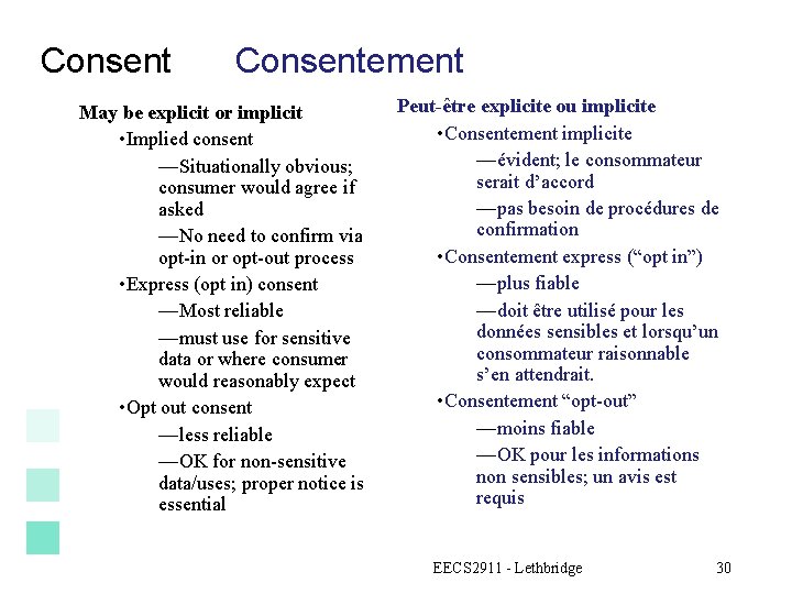 Consentement May be explicit or implicit • Implied consent —Situationally obvious; consumer would agree
