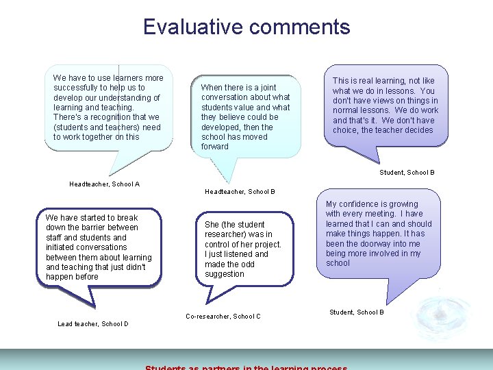 Evaluative comments We have to use learners more successfully to help us to develop Evaluative comments We have to use learners more successfully to help us to develop