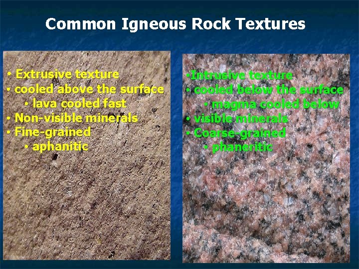 Common Igneous Rock Textures • Extrusive texture • cooled above the surface • lava Common Igneous Rock Textures • Extrusive texture • cooled above the surface • lava