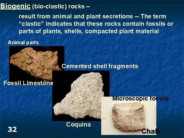 Biogenic (bio-clastic) rocks – result from animal and plant secretions -- The term “clastic” Biogenic (bio-clastic) rocks – result from animal and plant secretions -- The term “clastic”