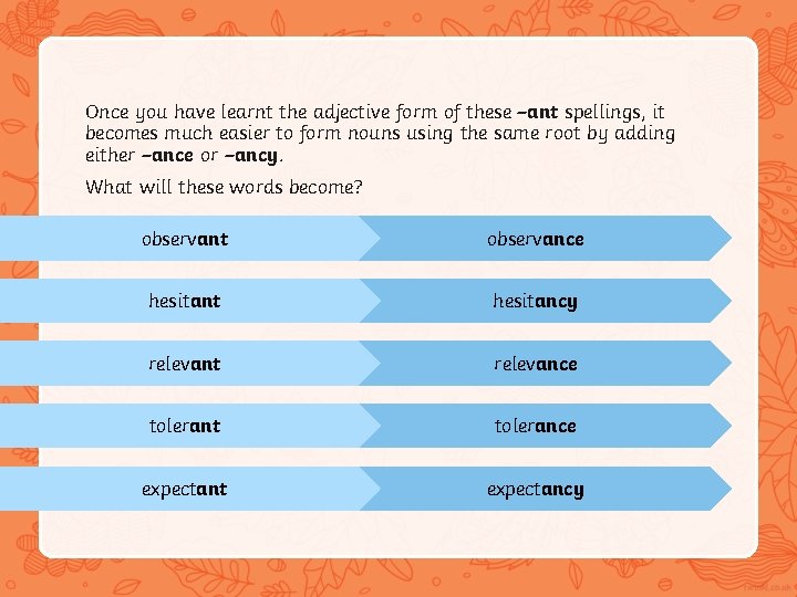 Once you have learnt the adjective form of these –ant spellings, it becomes much