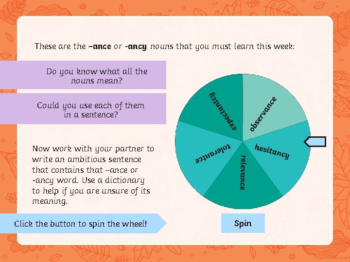 These are the –ance or -ancy nouns that you must learn this week: Do