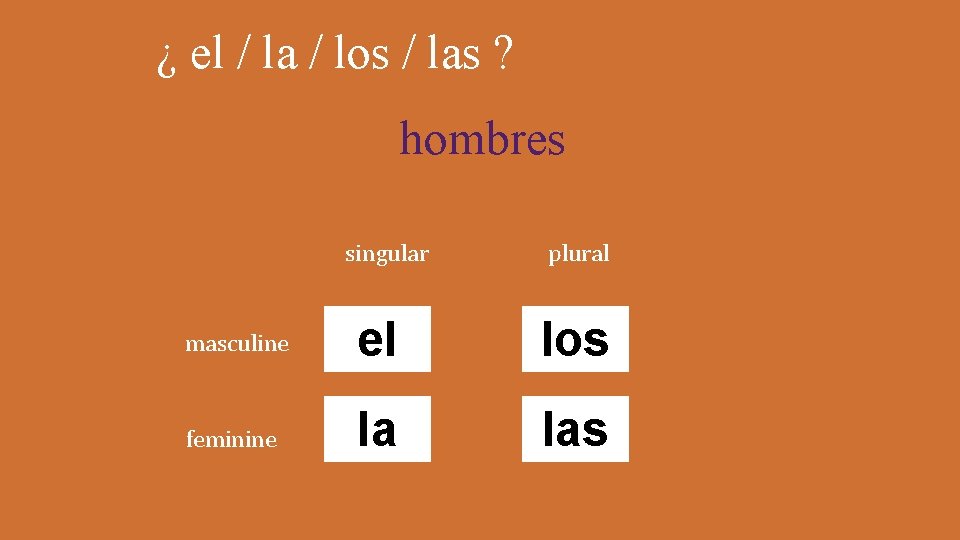 ¿ el / la / los / las ? hombres singular plural masculine el