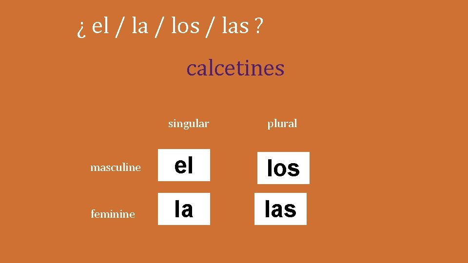 ¿ el / la / los / las ? calcetines singular plural masculine el