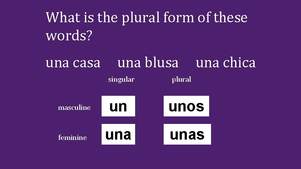 What is the plural form of these words? una casa una blusa singular una What is the plural form of these words? una casa una blusa singular una