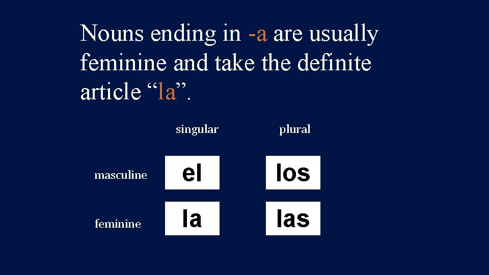 Nouns ending in -a are usually feminine and take the definite article “la”. singular