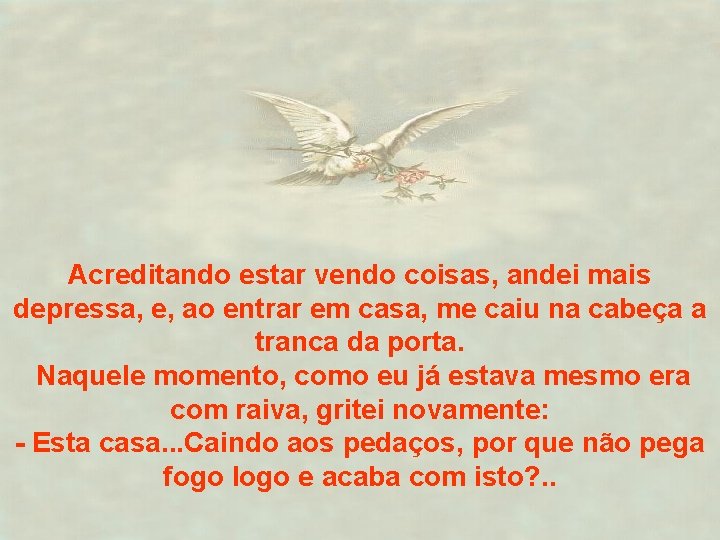 Acreditando estar vendo coisas, andei mais depressa, e, ao entrar em casa, me caiu