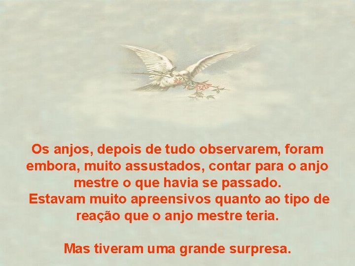 Os anjos, depois de tudo observarem, foram embora, muito assustados, contar para o anjo