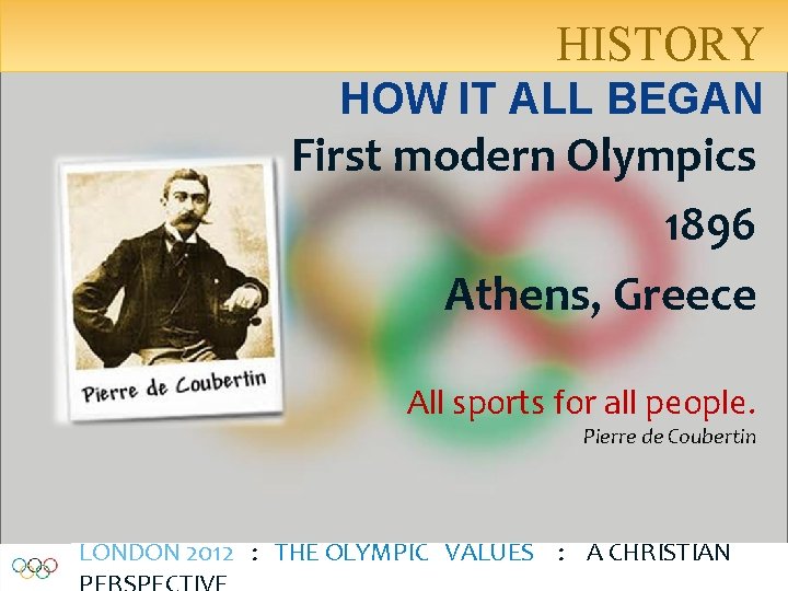 HISTORY HOW IT ALL BEGAN First modern Olympics 1896 Athens, Greece All sports for