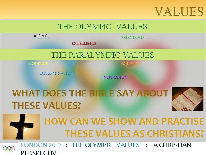 VALUES THE OLYMPIC VALUES RESPECT EXCELLENCE FRIENDSHIP THE PARALYMPIC VALUES COURAGE DETERMINATION EQUALITY INSPIRATION