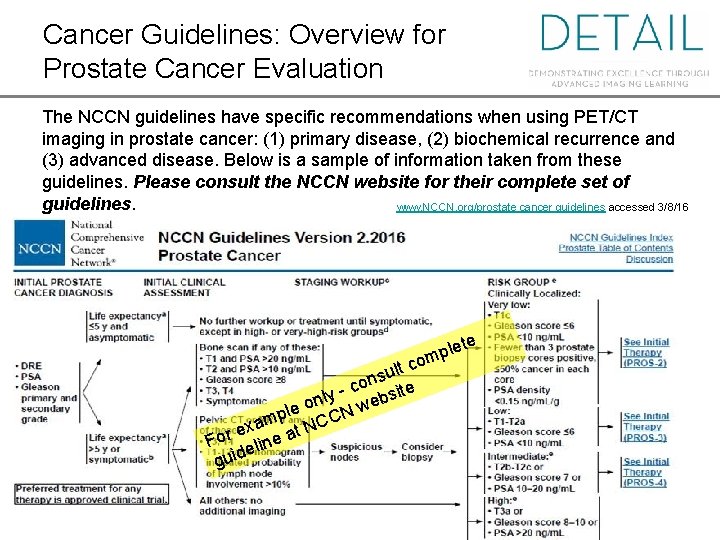 Cancer Guidelines: Overview for Prostate Cancer Evaluation The NCCN guidelines have specific recommendations when