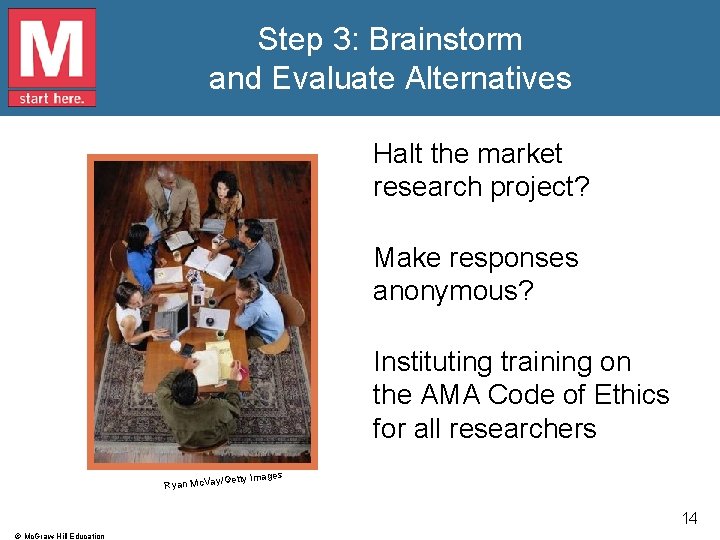 Step 3: Brainstorm and Evaluate Alternatives Halt the market research project? Make responses anonymous?