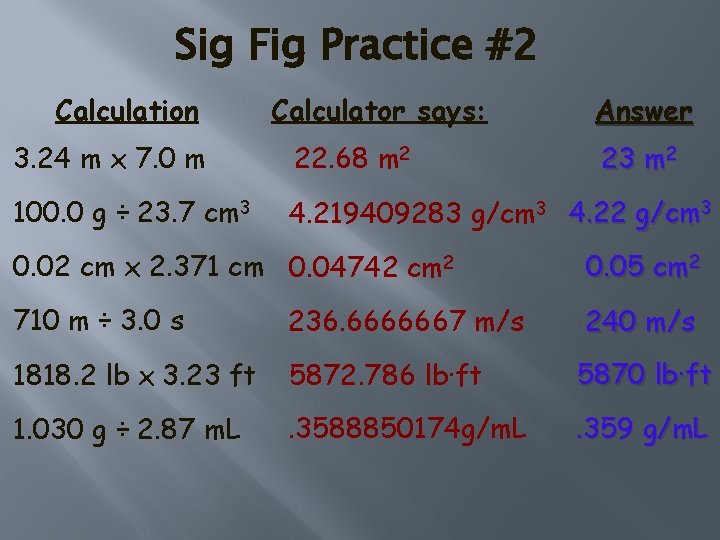 Sig Fig Practice #2 Calculation Calculator says: Answer 3. 24 m x 7. 0 Sig Fig Practice #2 Calculation Calculator says: Answer 3. 24 m x 7. 0