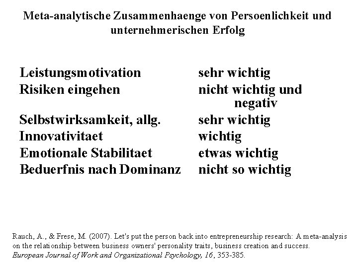 Meta-analytische Zusammenhaenge von Persoenlichkeit und unternehmerischen Erfolg Leistungsmotivation Risiken eingehen Selbstwirksamkeit, allg. Innovativitaet Emotionale