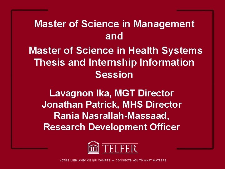 Master of Science in Management and Master of Science in Health Systems Thesis and