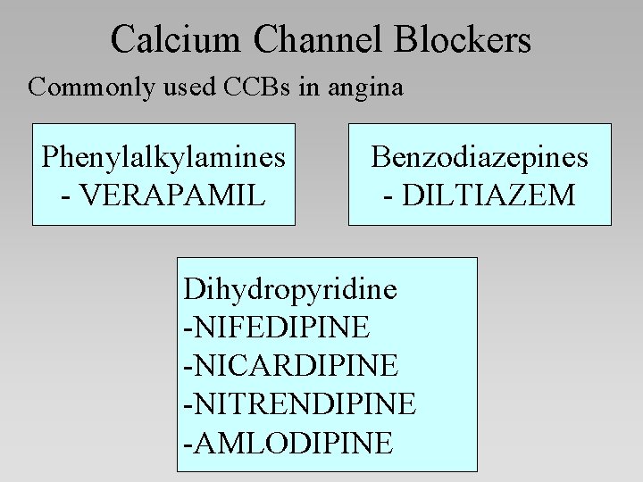 Calcium Channel Blockers Commonly used CCBs in angina Phenylalkylamines - VERAPAMIL Benzodiazepines - DILTIAZEM