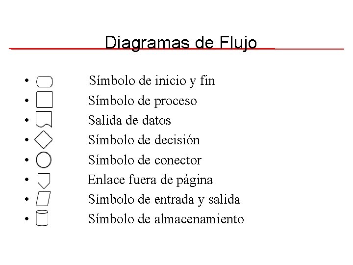 Diagramas de Flujo • • Símbolo de inicio y fin Símbolo de proceso Salida