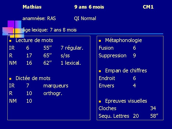 Mathias 9 ans 6 mois anamnèse: RAS QI Normal CM 1 âge lexique: 7