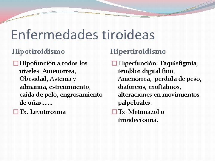 Enfermedades tiroideas Hipotiroidismo Hipertiroidismo �Hipofunción a todos los niveles: Amenorrea, Obesidad, Astenia y adinamia, Enfermedades tiroideas Hipotiroidismo Hipertiroidismo �Hipofunción a todos los niveles: Amenorrea, Obesidad, Astenia y adinamia,