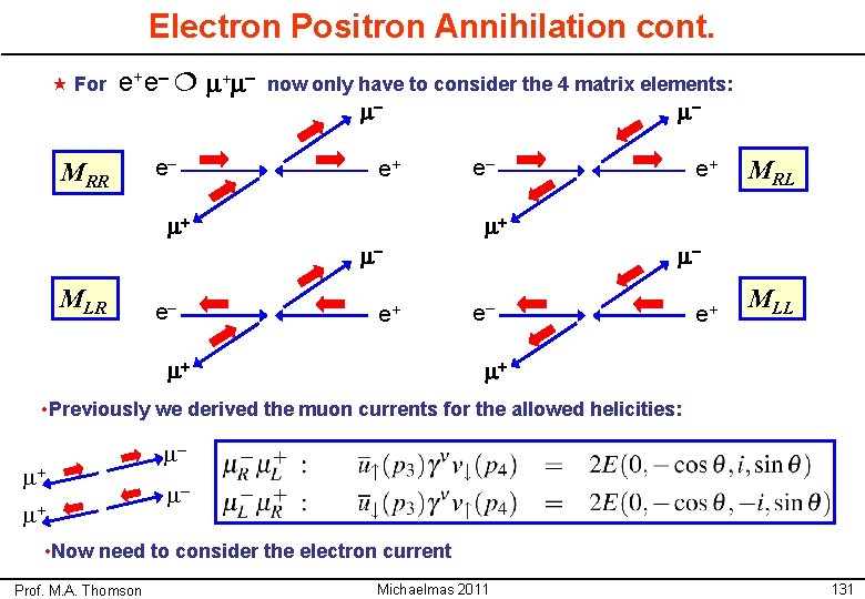 Electron Positron Annihilation cont. « For e+ e– m+ m– MRR e– now only