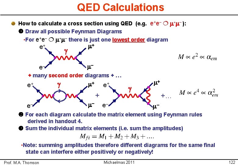 QED Calculations How to calculate a cross section using QED (e. g. e+e– m+m–