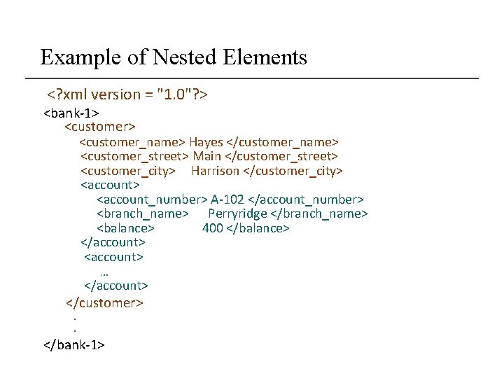 Example of Nested Elements <? xml version = "1. 0"? > <bank-1> <customer_name> Hayes Example of Nested Elements <? xml version = "1. 0"? > <bank-1> <customer_name> Hayes