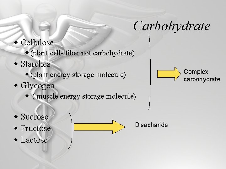 Carbohydrate w Cellulose w (plant cell- fiber not carbohydrate) w Starches Complex carbohydrate w