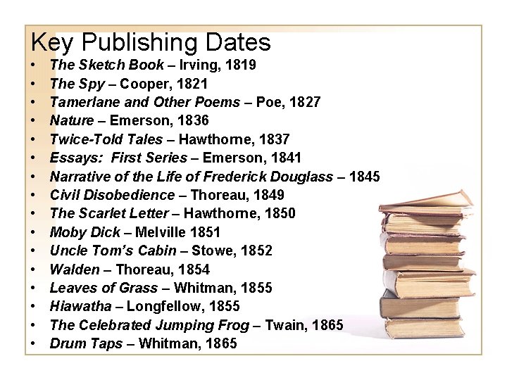 Key Publishing Dates • • • • The Sketch Book – Irving, 1819 The