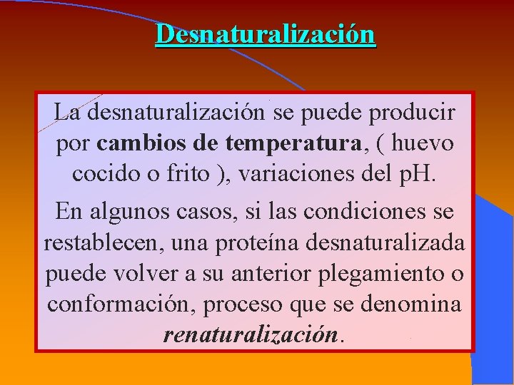 Desnaturalización La desnaturalización se puede producir por cambios de temperatura, ( huevo cocido o