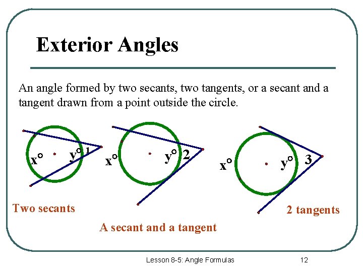 Exterior Angles An angle formed by two secants, two tangents, or a secant and