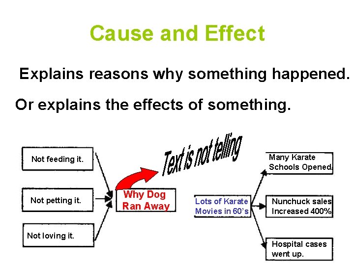 Cause and Effect Explains reasons why something happened. Or explains the effects of something.