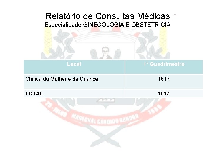 Relatório de Consultas Médicas Especialidade GINECOLOGIA E OBSTETRÍCIA Local 1° Quadrimestre Clínica da Mulher