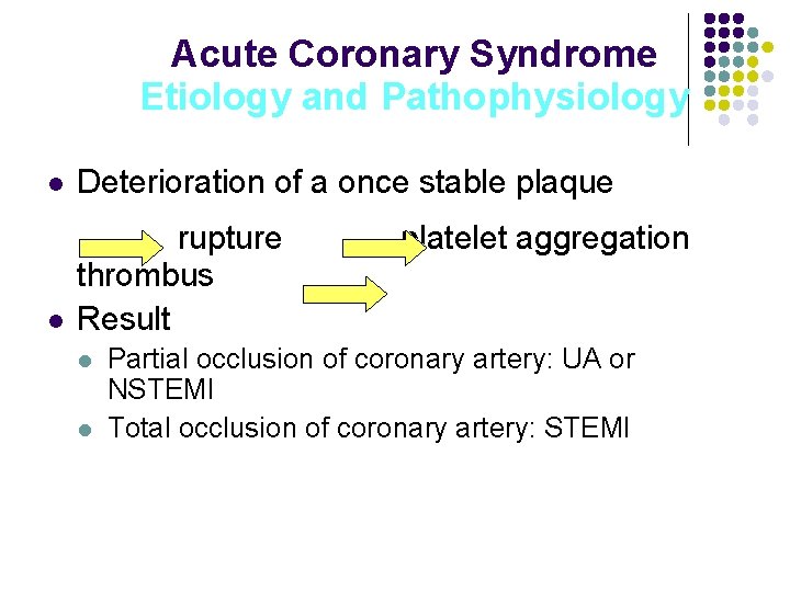 Acute Coronary Syndrome Etiology and Pathophysiology l Deterioration of a once stable plaque l