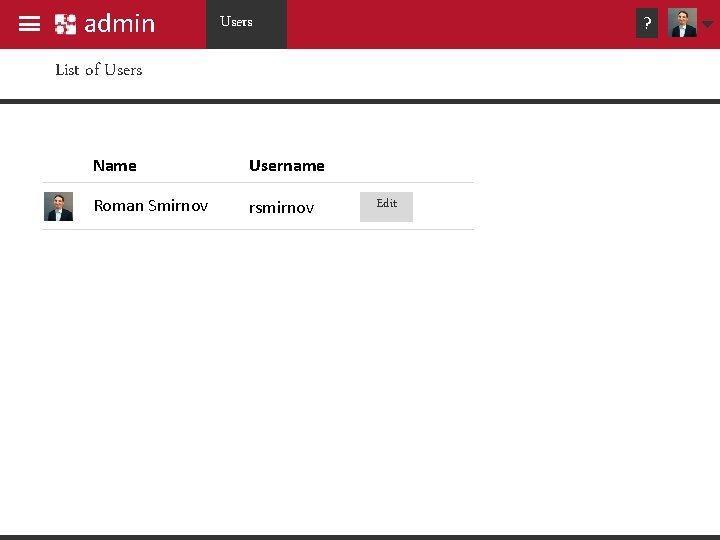 admin Users ? List of Users Name Username Roman Smirnov rsmirnov Edit admin Users ? List of Users Name Username Roman Smirnov rsmirnov Edit