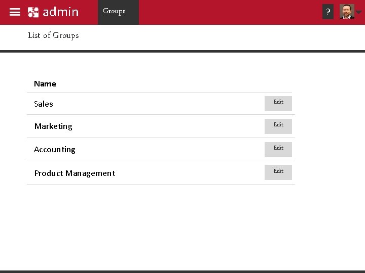 admin Groups ? List of Groups Name Sales Edit Marketing Edit Accounting Edit Product admin Groups ? List of Groups Name Sales Edit Marketing Edit Accounting Edit Product