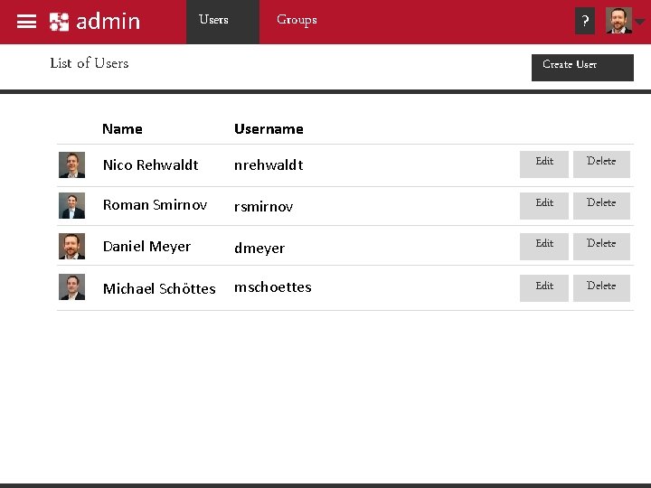 admin Users Groups List of Users ? Create User Name Username Nico Rehwaldt nrehwaldt admin Users Groups List of Users ? Create User Name Username Nico Rehwaldt nrehwaldt
