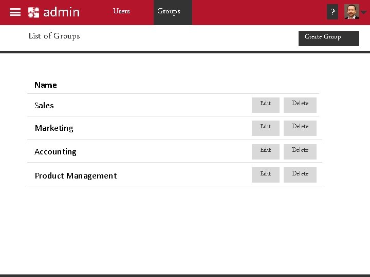 admin Users Groups ? List of Groups Create Group Name Sales Edit Delete Marketing admin Users Groups ? List of Groups Create Group Name Sales Edit Delete Marketing