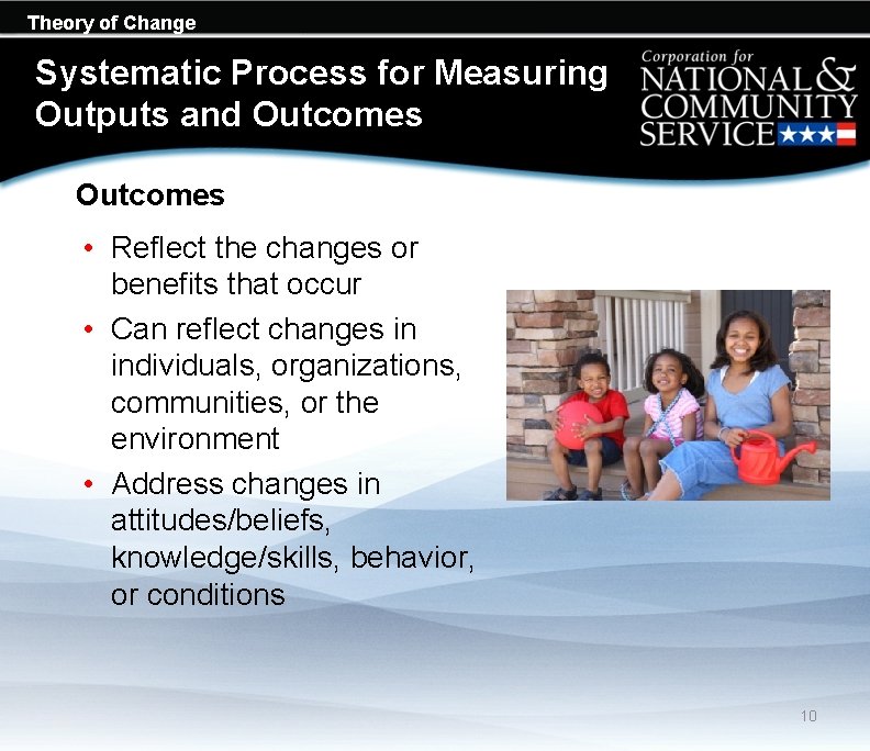 Theory of Change Systematic Process for Measuring Outputs and Outcomes • Reflect the changes Theory of Change Systematic Process for Measuring Outputs and Outcomes • Reflect the changes