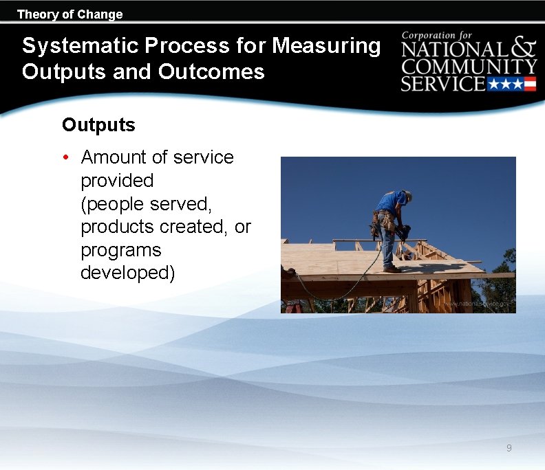Theory of Change Systematic Process for Measuring Outputs and Outcomes Outputs • Amount of Theory of Change Systematic Process for Measuring Outputs and Outcomes Outputs • Amount of