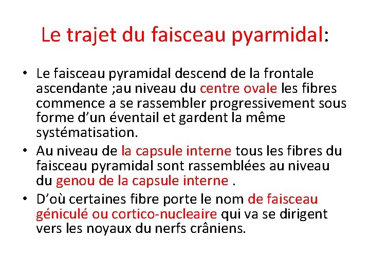 Le trajet du faisceau pyarmidal: • Le faisceau pyramidal descend de la frontale ascendante