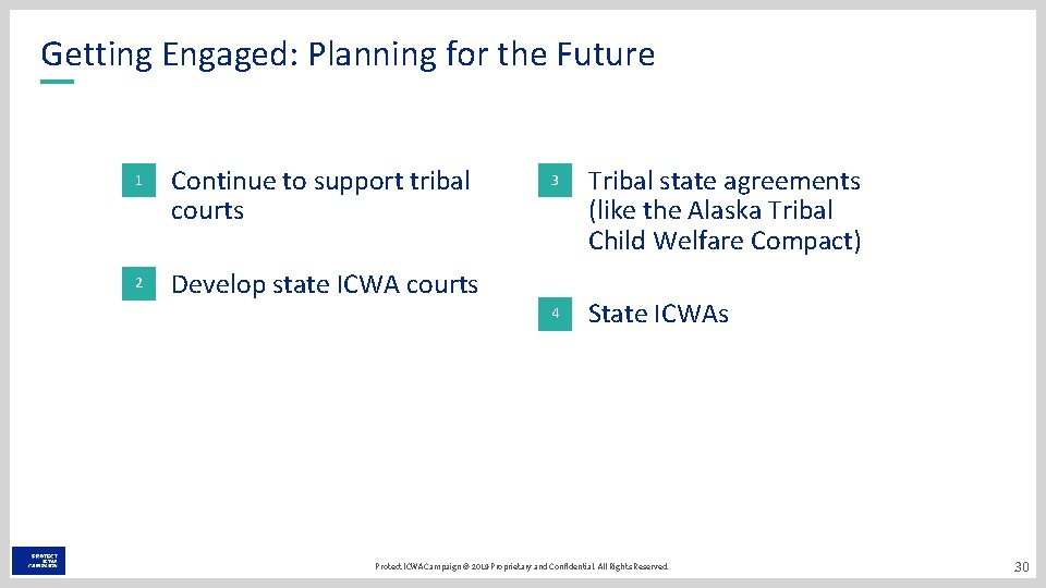Getting Engaged: Planning for the Future 1 Continue to support tribal courts 2 Develop